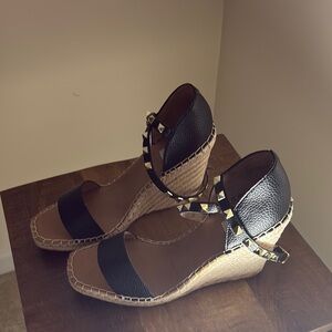 Tan and Black Wedge Sandals with Studded Ankle Straps
